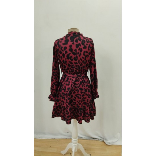 Kadın Uzun Kollu Yakadan Bağcıklı Modal Leopar Desenli Mini Elbise , 27975 Kadın Uzun Kollu Yakadan Bağcıklı Modal Leopar Desenli Mini Elbise , 27975