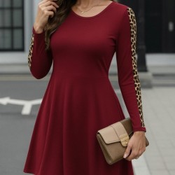 Kadın Uzun Kollu Bisiklet Yaka Kollar Leopar Detay Iki Iplik Mini Boy Elbise, 28012