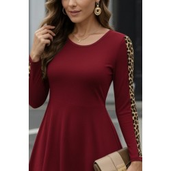 Women' S Long-sleeved Crew Neck Mini Dress With Leopard Detail On The Sleeves And Two-thread Design., 28012