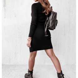 Kadın Siyah Uzun Kollu Bisiklet Yaka Yan Yırtmaç Düğme Detay Kısa Kaşkorse Elbise, 28062