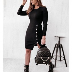 Kadın Siyah Uzun Kollu Bisiklet Yaka Yan Yırtmaç Düğme Detay Kısa Kaşkorse Elbise, 28062