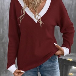 Kadın Uzun Kollu V Yakalı Waffle Bluz, 28210