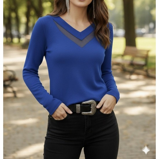 Kadın Uzun Kollu V Yakalı Tül Göğüs Dekolte Detaylı Viskon Bluz, 28200