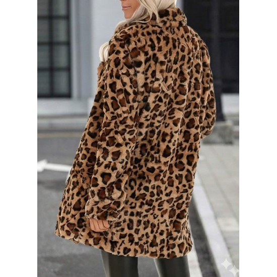 Kadın Uzun Kollu Yakalı Cepli Kısa Peluş Leopar Kaban, 28227 Kadın Uzun Kollu Yakalı Cepli Kısa Peluş Leopar Kaban, 28227
