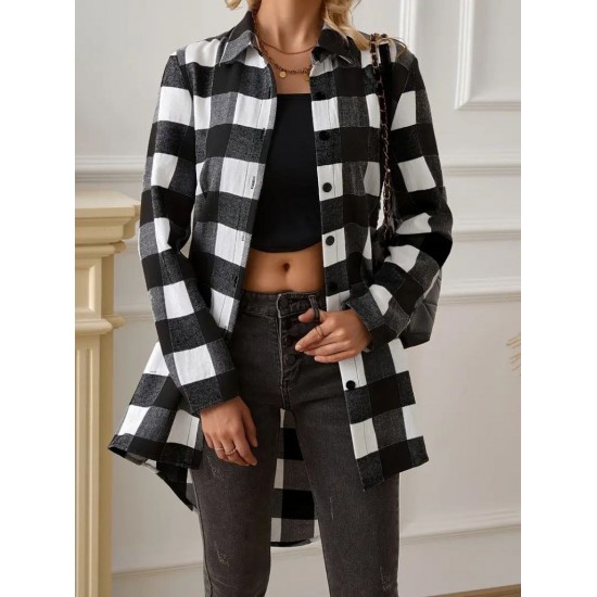 Kadın Uzun Kollu Ekoseli önden Düğmeli Dokuma Uzun Gömlek, 28246