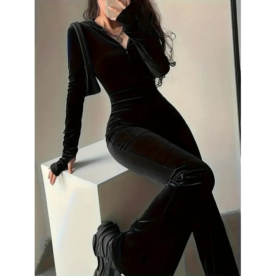 Kadın Uzun Kollu Kapşonlu Fermuarlı Kadife Tulum , 28301 Kadın Uzun Kollu Kapşonlu Fermuarlı Kadife Tulum , 28301