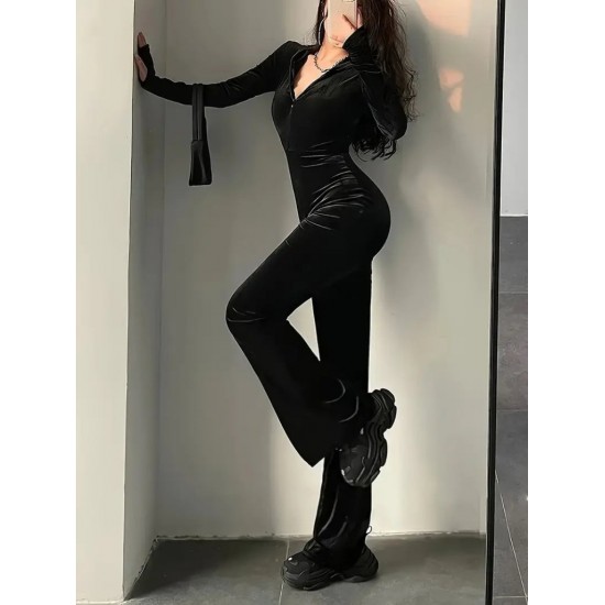 Kadın Uzun Kollu Kapşonlu Fermuarlı Kadife Tulum , 28301 Kadın Uzun Kollu Kapşonlu Fermuarlı Kadife Tulum , 28301