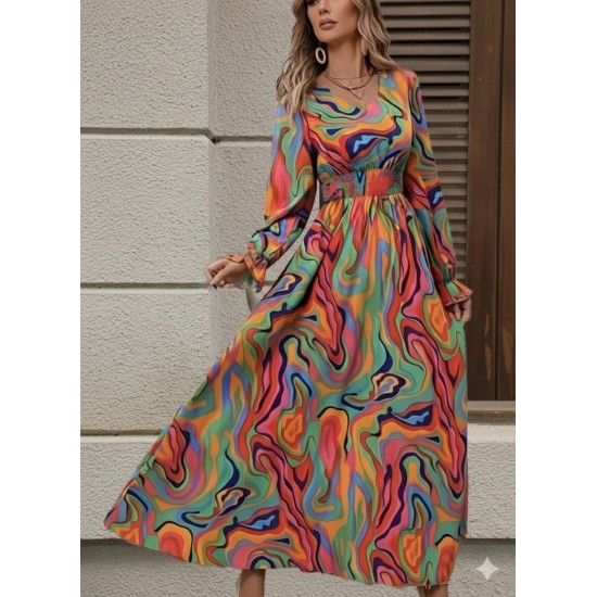 Kadın Uzun Kollu V Yakalı Desenli Maxi Süprem Elbise, 28296 Kadın Uzun Kollu V Yakalı Desenli Maxi Süprem Elbise, 28296