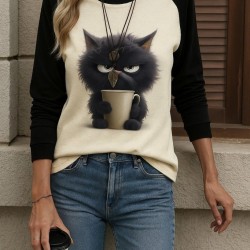 Kadın Uzun Kollu Bisiklet Yaka Kedi Baskılı şardonlu Dalgıç Bluz, 28368 Kadın Uzun Kollu Bisiklet Yaka Kedi Baskılı şardonlu Dalgıç Bluz, 28368