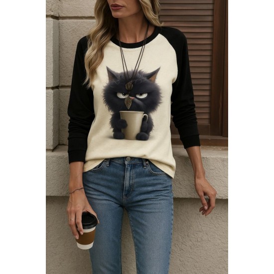 Kadın Uzun Kollu Bisiklet Yaka Kedi Baskılı şardonlu Dalgıç Bluz, 28368 Kadın Uzun Kollu Bisiklet Yaka Kedi Baskılı şardonlu Dalgıç Bluz, 28368