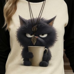 Kadın Uzun Kollu Bisiklet Yaka Kedi Baskılı şardonlu Dalgıç Bluz, 28368 Kadın Uzun Kollu Bisiklet Yaka Kedi Baskılı şardonlu Dalgıç Bluz, 28368