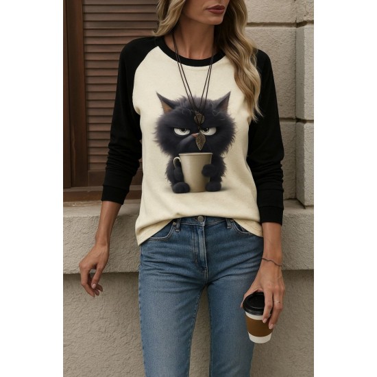 Kadın Uzun Kollu Bisiklet Yaka Kedi Baskılı şardonlu Dalgıç Bluz, 28368 Kadın Uzun Kollu Bisiklet Yaka Kedi Baskılı şardonlu Dalgıç Bluz, 28368