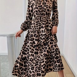 Uzun Kollu Bisiklet Yaka Leopar Desenli Midi Süprem Elbise, 28383 Uzun Kollu Bisiklet Yaka Leopar Desenli Midi Süprem Elbise, 28383