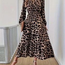Uzun Kollu Bisiklet Yaka Leopar Desenli Midi Süprem Elbise, 28383 Uzun Kollu Bisiklet Yaka Leopar Desenli Midi Süprem Elbise, 28383