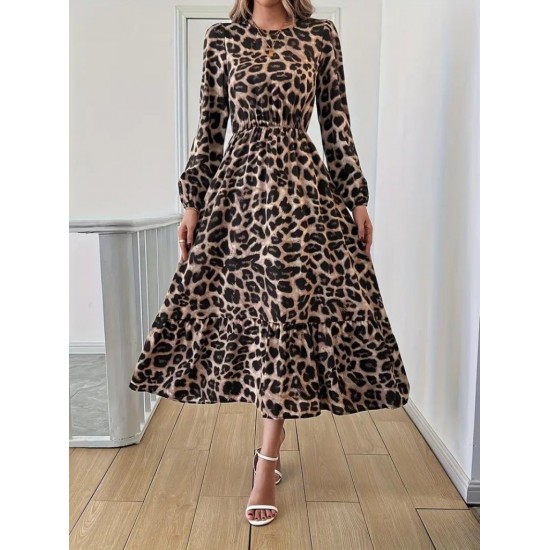 Uzun Kollu Bisiklet Yaka Leopar Desenli Midi Süprem Elbise, 28383 Uzun Kollu Bisiklet Yaka Leopar Desenli Midi Süprem Elbise, 28383