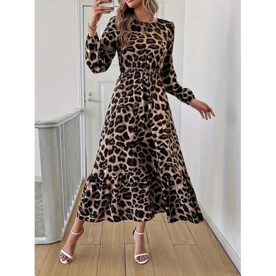 Uzun Kollu Bisiklet Yaka Leopar Desenli Midi Süprem Elbise, 28383 Uzun Kollu Bisiklet Yaka Leopar Desenli Midi Süprem Elbise, 28383