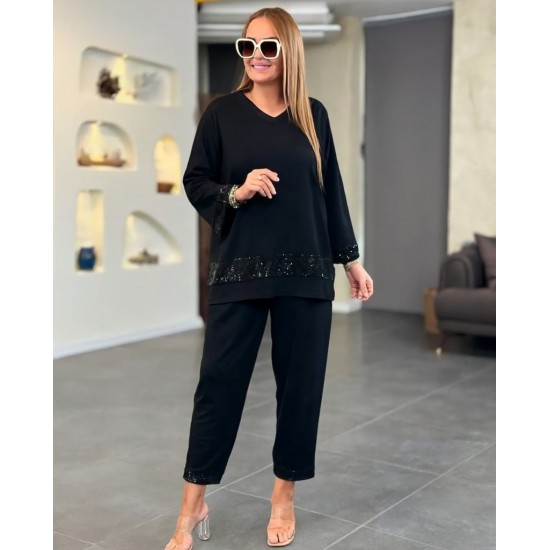 Kadın Uzun Kollu V Yakalı Pulpayet Viskon Iki Iplik Bluz Ve Pantolon Takım , 28418 Kadın Uzun Kollu V Yakalı Pulpayet Viskon Iki Iplik Bluz Ve Pantolon Takım , 28418