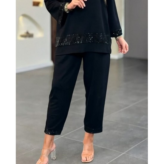 Kadın Uzun Kollu V Yakalı Pulpayet Viskon Iki Iplik Bluz Ve Pantolon Takım , 28418 Kadın Uzun Kollu V Yakalı Pulpayet Viskon Iki Iplik Bluz Ve Pantolon Takım , 28418