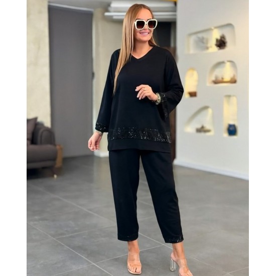 Kadın Uzun Kollu V Yakalı Pulpayet Viskon Iki Iplik Bluz Ve Pantolon Takım , 28418 Kadın Uzun Kollu V Yakalı Pulpayet Viskon Iki Iplik Bluz Ve Pantolon Takım , 28418