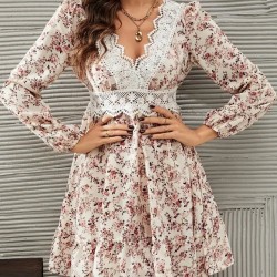 Kadın Uzun Kollu Dantel V Yakalı Mini Desenli Süprem Elbise, 28431 Kadın Uzun Kollu Dantel V Yakalı Mini Desenli Süprem Elbise, 28431