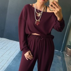 Kadın Uzun Kollu Tek Omuzdan Açık Viskon Iki Iplik Bluz Ve Pantolon Ikili Takım , 28464 Kadın Uzun Kollu Tek Omuzdan Açık Viskon Iki Iplik Bluz Ve Pantolon Ikili Takım , 28464