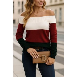 Kadın Uzun Kollu Omuzlardan Açık Uzun Kollu Blok çizgili Triko Bluz , 28522