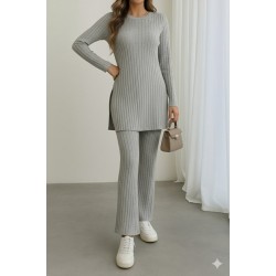 Kadın Uzun Kollu Yuvarlak Yaka Yandan Yırtmaç Detaylı şardonlu Kaşkorse Bluz Ve Pantolon Ikili Takım , 28518 Kadın Uzun Kollu Yuvarlak Yaka Yandan Yırtmaç Detaylı şardonlu Kaşkorse Bluz Ve Pantolon Ikili Takım , 28518