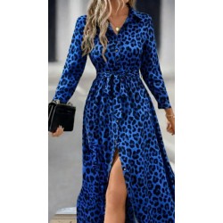 Kadın Uzun Kollu Yakalı Belden Kuşaklı Leopar Desenli Modal Uzun Elbise, 28530 Kadın Uzun Kollu Yakalı Belden Kuşaklı Leopar Desenli Modal Uzun Elbise, 28530