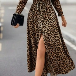 Kadın Uzun Kollu Yakalı Belden Kuşaklı Leopar Desenli Modal Uzun Elbise , 28529 Kadın Uzun Kollu Yakalı Belden Kuşaklı Leopar Desenli Modal Uzun Elbise , 28529