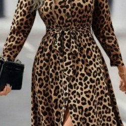 Kadın Uzun Kollu Yakalı Belden Kuşaklı Leopar Desenli Modal Uzun Elbise , 28529 Kadın Uzun Kollu Yakalı Belden Kuşaklı Leopar Desenli Modal Uzun Elbise , 28529