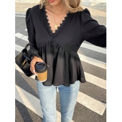 Kadın Uzun Kollu V Dantel Yaka Aerobin Bluz , 28549