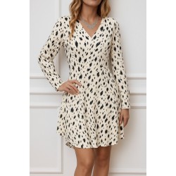 Kadın Uzun Kollu V Yakalı Desenli Kısa Keten Elbise , 28560