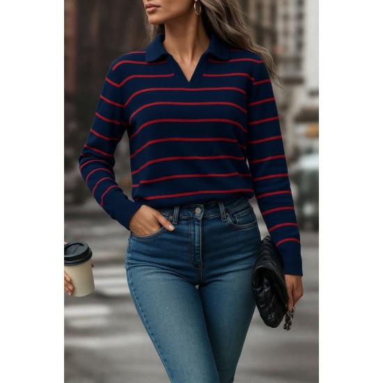 Kadın Uzun Kollu V Yaka çizgili Triko Bluz, 28578 Kadın Uzun Kollu V Yaka çizgili Triko Bluz, 28578