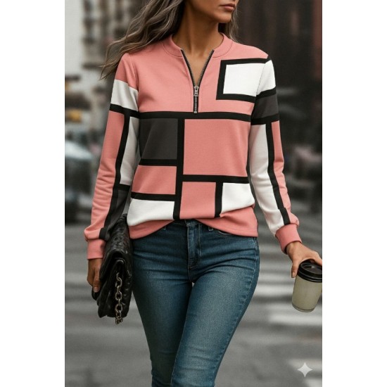 Kadın Uzun Kollu Yakadan Fermuarlı Desenli şardonlu Dalgıç Bluz , 28576 Kadın Uzun Kollu Yakadan Fermuarlı Desenli şardonlu Dalgıç Bluz , 28576