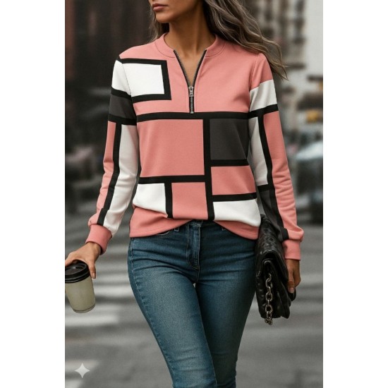 Kadın Uzun Kollu Yakadan Fermuarlı Desenli şardonlu Dalgıç Bluz , 28576 Kadın Uzun Kollu Yakadan Fermuarlı Desenli şardonlu Dalgıç Bluz , 28576