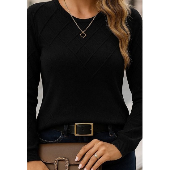 Kadın Uzun Kollu Bisiklet Yaka Geometrik Desenli Triko Bluz, 28574 Kadın Uzun Kollu Bisiklet Yaka Geometrik Desenli Triko Bluz, 28574