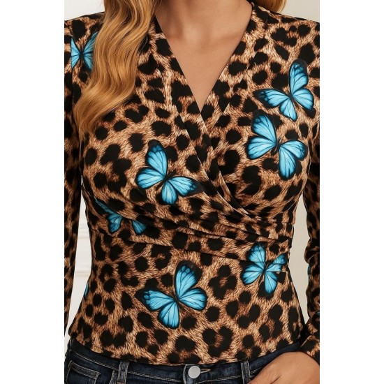 Kadın Uzun Kollu Kruvaze Yakalı Kelebek Desenli şardonlu Dalgıç Bluz, 28567 Kadın Uzun Kollu Kruvaze Yakalı Kelebek Desenli şardonlu Dalgıç Bluz, 28567