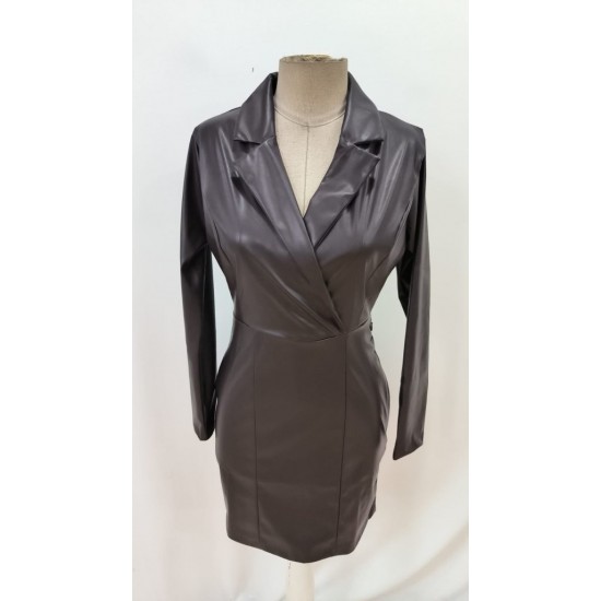 Kadın Uzun Kollu Yakalı Mini Deri Elbise, 28641 Kadın Uzun Kollu Yakalı Mini Deri Elbise, 28641