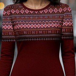 Kadın Uzun Kollu Bisiklet Yaka Etnik Desenli Kısa şardonlu Dalgıç Elbise , 28636