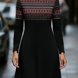 Kadın Uzun Kollu Bisiklet Yaka Etnik Desenli Kısa şardonlu Dalgıç Elbise , 28635