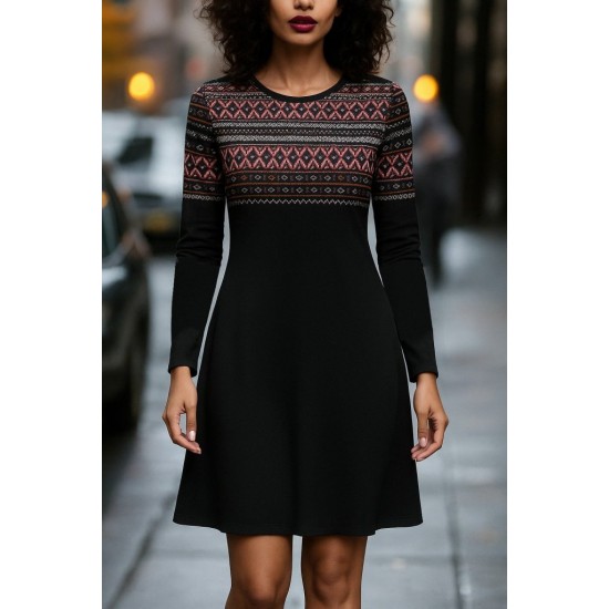 Kadın Uzun Kollu Bisiklet Yaka Etnik Desenli Kısa şardonlu Dalgıç Elbise , 28635 Kadın Uzun Kollu Bisiklet Yaka Etnik Desenli Kısa şardonlu Dalgıç Elbise , 28635