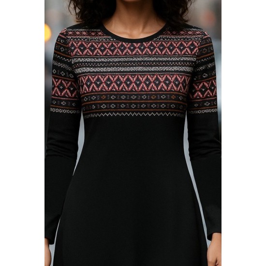 Kadın Uzun Kollu Bisiklet Yaka Etnik Desenli Kısa şardonlu Dalgıç Elbise , 28635 Kadın Uzun Kollu Bisiklet Yaka Etnik Desenli Kısa şardonlu Dalgıç Elbise , 28635