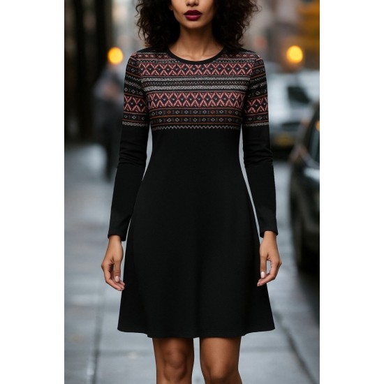 Kadın Uzun Kollu Bisiklet Yaka Etnik Desenli Kısa şardonlu Dalgıç Elbise , 28635 Kadın Uzun Kollu Bisiklet Yaka Etnik Desenli Kısa şardonlu Dalgıç Elbise , 28635