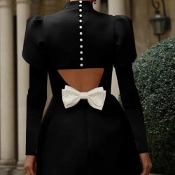 Kadın Uzun Kollu Yarı Balıkçı Yaka Arkadan Kurdela Detaylı Mini Atlas Elbise , 28631