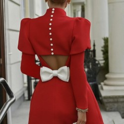 Kadın Uzun Kollu Yarı Balıkçı Yaka Arkadan Kurdela Detaylı Mini Atlas Elbise, 28630