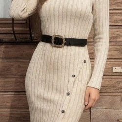 Kadın Uzun Kollu Balıkçı Yaka Yırtmaçlı Düğmeli şardonlu Kaşkorse Elbise , 28629