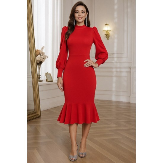 Kadın Uzun Kollu Yarı Balıkçı Yaka Etek Ucu Fırfır Detaylı Midi Ithal Krep Elbise , 28627 Kadın Uzun Kollu Yarı Balıkçı Yaka Etek Ucu Fırfır Detaylı Midi Ithal Krep Elbise , 28627