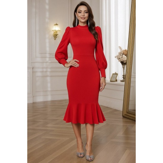 Kadın Uzun Kollu Yarı Balıkçı Yaka Etek Ucu Fırfır Detaylı Midi Ithal Krep Elbise , 28627 Kadın Uzun Kollu Yarı Balıkçı Yaka Etek Ucu Fırfır Detaylı Midi Ithal Krep Elbise , 28627
