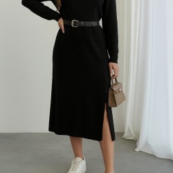 Kadın Uzun Kollu Bisiklet Yaka Yandan Yırtmaçlı Midi Triko Elbise , 28620