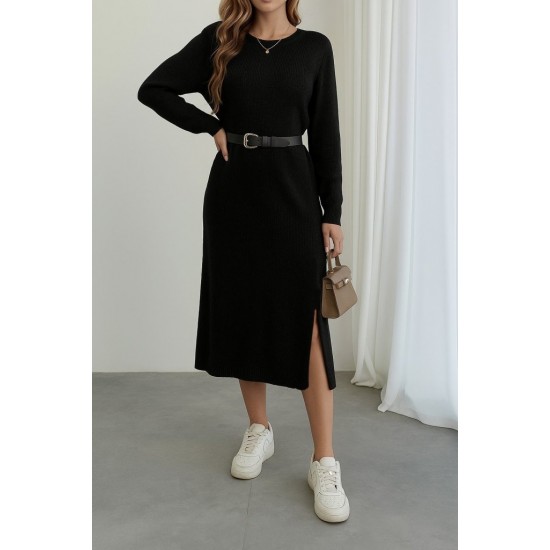 Kadın Uzun Kollu Bisiklet Yaka Yandan Yırtmaçlı Midi Triko Elbise , 28620 Kadın Uzun Kollu Bisiklet Yaka Yandan Yırtmaçlı Midi Triko Elbise , 28620